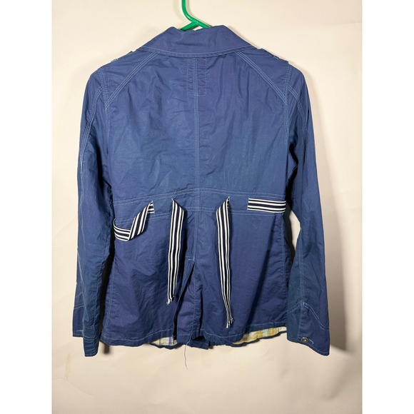 Free People Blue Utility Field Jacket Plaid Lined Striped Waist Tie Women Size 4 - Picture 5 of 8